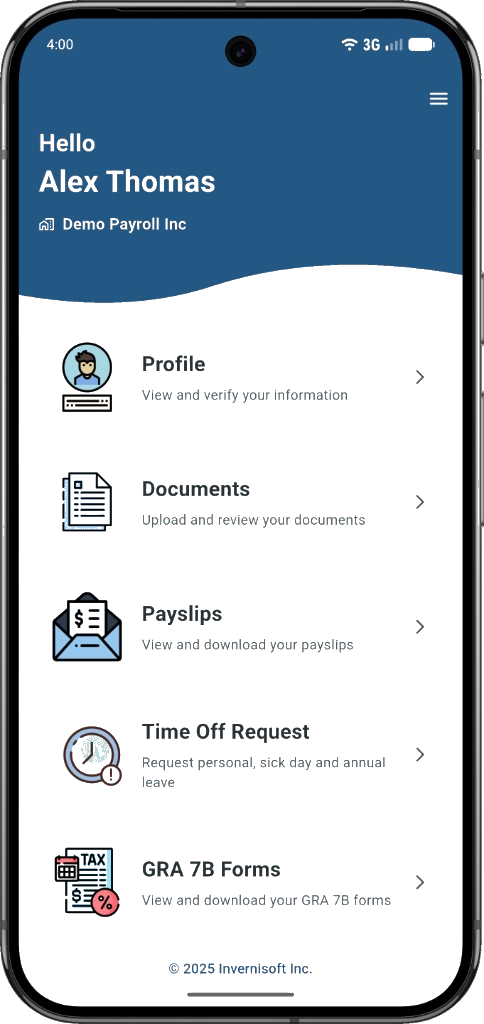 Mintage Connect mobile app — profile, documents, payslips, and GRA 7B forms